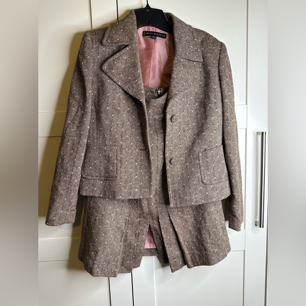 VTG Boutique Wool Blazer & skirt suite 8P pleated lined Officecore dk academia